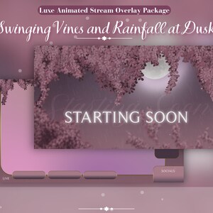 Peut inclure: Ensemble d'overlay de flux animé avec un schéma de couleurs violet et rose. L'overlay présente une lune, des vignes et le texte "STARTING SOON".