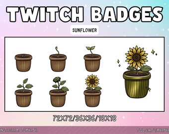 May include: Set of 6 Twitch badges featuring a sunflower in different stages of growth, from seed to full bloom. The badges are in a cartoon style and are perfect for use on Twitch.