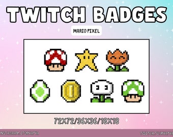 Mario Pixel Twitch Sub/Bit Badges Package | Emojis | Emotes | Channel Art - Cute Kawaii Vibrant Mario Pixel Retro Game Badge Set