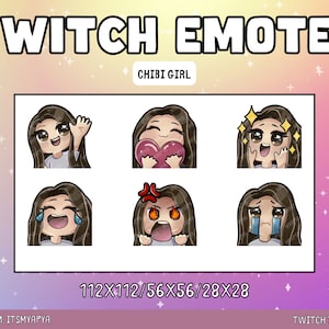 Chibi Girl Twitch Emotes Package | Discord Emotes | Channel Art - Cute Kawaii Chibi Emote set| White | Brown Hair | Brown Eyes