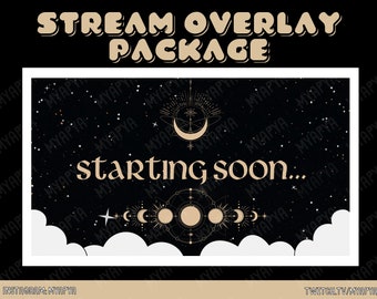 May include: A black and gold overlay for streaming with the text "starting soon..." and a celestial design with moons and stars.