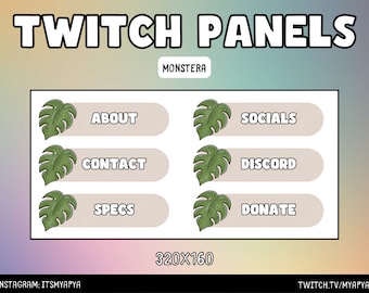 Monstera Twitch Panels Package | Emojis | Emotes | Channel Art - Cute Kawaii Vibrant Monstera Botanical Growing Plant Panel Set