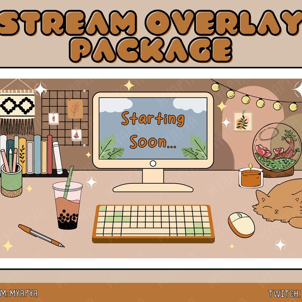 Cozy Lofi Animated Twitch Scene Overlay Package, Aesthetic Setup Cute Cosy Fall setup Boho botanical | Starting Soon | BRB | Panels