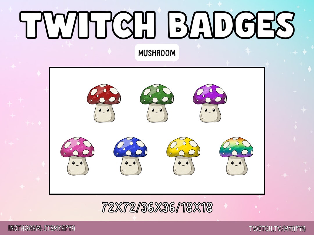 Cute Mushroom Twitch Badges, Kawaii Toadstool Sub Badges, Vibrant