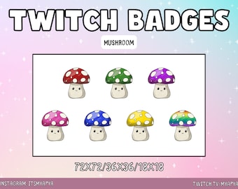 Söta Twitch-märken med svamp, kawaii-submärken med paddlar, livfulla Discord-emotes med svamp, färgglada Stream-märken med svamp, Cottagecore