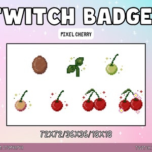 Cherry Twitch Sub/Bit Badges Package | Emojis | Emotes | Channel Art - Cute Kawaii Vibrant Pixel Cherry Growing Plant Badge Set