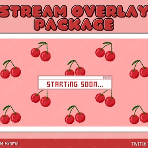 Cherry Pixel Animated Twitch Scene Overlay Package, Aesthetic Setup Pink Cherry Cute Pixel | Starting Soon | BRB | Panels