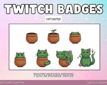 May include: Set of Twitch badges featuring a cartoon cat in a pot, with different poses and sizes. The badges are available in 72x72, 36x36, and 18x18 pixel sizes. The text "CAT CACTUS" is displayed above the badges.