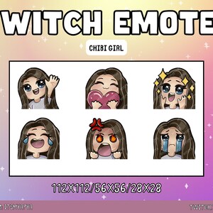 Chibi Girl Twitch Emotes Package | Discord Emotes | Channel Art - Cute Kawaii Chibi Emote set| White | Brown Hair | Blue Eyes