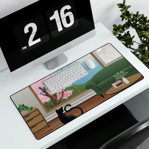 Cat Cherry Blossom XXL Mouse Mat / Plants / Botanical / Green Desk Mat / Mouse Pad / Mechanical Keyboard / Gamer