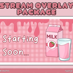 Strawberry Milk Animated Twitch Scene Overlay Pakket, Esthetische Setup Cute Pink Picnic Strawberry Milkshake | Binnenkort | BRB | Panelen