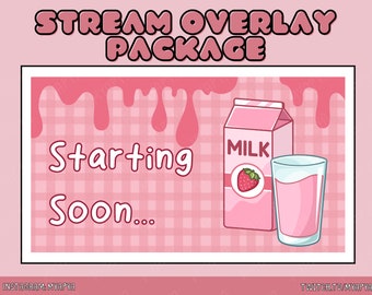 Pacote de sobreposição de cena animada de Twitch com leite de morango, configuração estética Piquenique rosa fofo Milkshake de morango | Começando em breve | BRB | Painéis