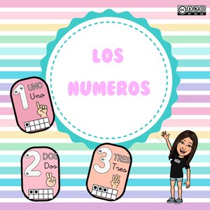 Op de afbeelding: Een kleurrijke illustratie van de Spaanse woorden "Los Numeros" met drie kaartjes met nummers. De kaartjes zijn roze, perzikkleurig en lichtblauw en tonen de nummers 1, 2 en 3 met de Spaanse woorden voor elk nummer. Elk kaartje heeft een ruimte om het nummer te traceren en een ruimte om het overeenkomstige aantal stippen te tekenen.