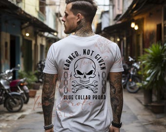Blue Collar Skull Graphic Tee: Mechanic Tattoo Style Shirt