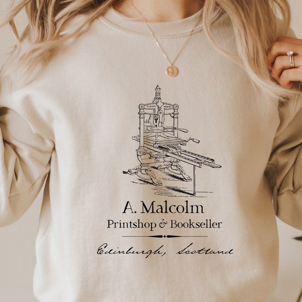 A Malcolm Printshop & Bookseller Sweatshirt, Outlander Sweatshirt, Scotland Sweatshirt, Outlander Merch, Gifts for readers, Bookish Shirt