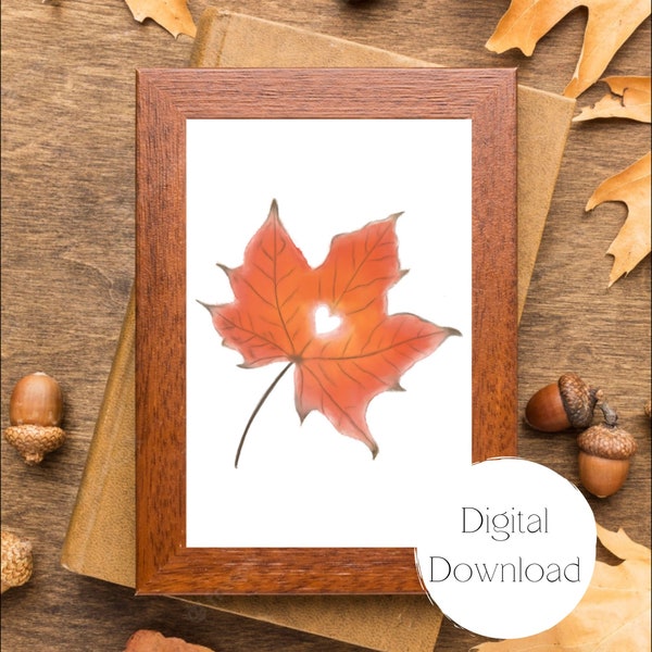 Autumn Leaf with a Heart Watercolor Digital Wall Art for Instant Download, Fall Art Print with different ratios, Thanksgiving Time Wall Art