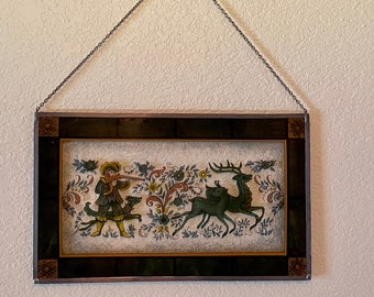 Vintage Hand Painted Glass Window Panel with Traditional Mid-European Hunting Scene