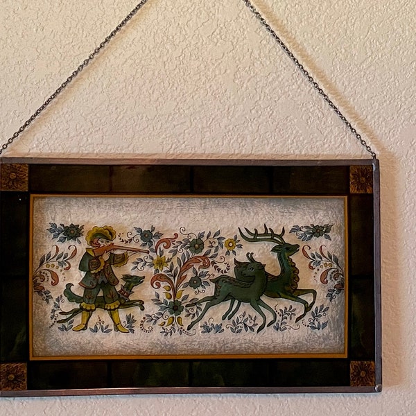 Vintage Hand Painted Glass Window Panel with Traditional Mid-European Hunting Scene