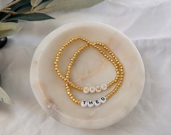 Beaded Personalized Name Bracelets, Friendship Customized Bracelets, Mama, Mom, Kids Names, Gold, Personalize Bracelet Stack
