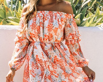 Bloemen Off-Shoulder Tie Taille Roes Zoom Jurk