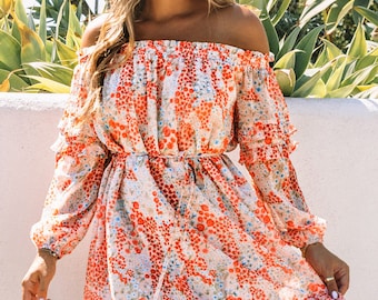 Bloemen Off-Shoulder Tie Taille Roes Zoom Jurk