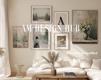 Gallery Wall Mockup, Vintage Poster Set of Six Wood Frames in Living Room Interior