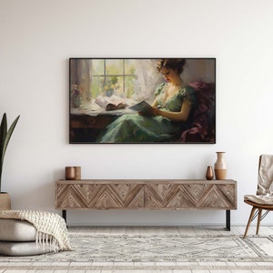 Frame TV Mockup PSD, 16x9 Black Frame, Scandinavian Home Interior, Above TV Stand, White Background, Boho Interior Style Room, Natural Light