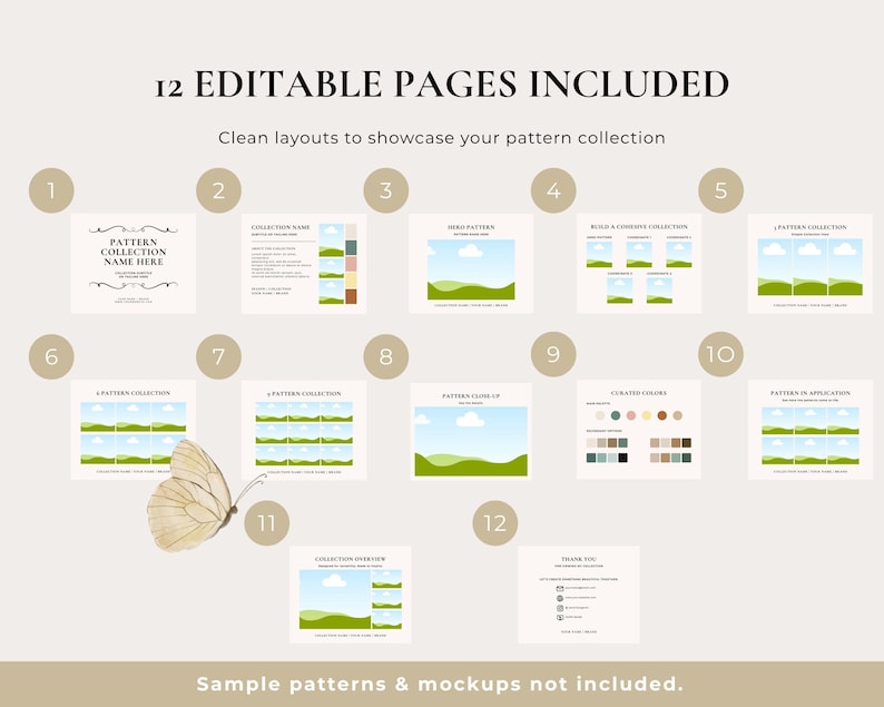 May include: A digital design template with 12 editable pages, including layouts for pattern collections. The design features a neutral color palette, with text that reads "12 EDITABLE PAGES INCLUDED" and "Clean layouts to showcase your pattern collection."
