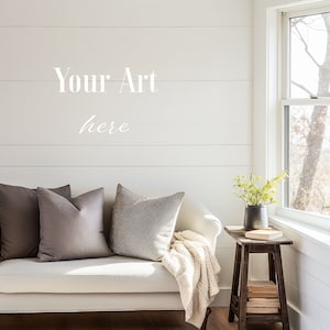 Farmhouse Interior Mockup, White Blank Wall, Fall Themed Home Interior Picture, Natural Light Through Window, Cozy Sofa in Living Room, JPG