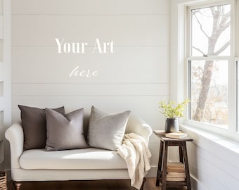 Maquette d'intérieur de ferme, mur blanc blanc, photo d'intérieur de maison sur le thème de l'automne, lumière naturelle à travers la fenêtre, canapé confortable dans le salon, JPG