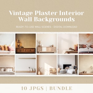 Interior Wall Background Bundle, Neutral Warm Room Mockup JPG, Vintage Plaster Blank Wall Scene for Art & Product Display