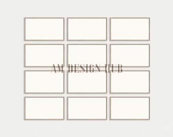 16x9 Frame TV Mockup, Set of 12 Light Wood Frame TV Mockup, Frame TV Bundle Mockup, Framed Art on Painted White Wall, Smart Object