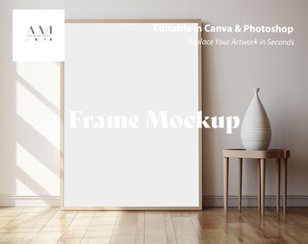 Wood Frame Mockup, 3x4 Ratio Large Vertical Frame Leaning on Wall, Minimal Simple, PSD and Canva Template