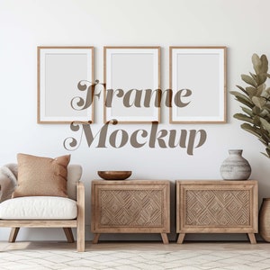 Boho Three Frames Mockup, Mockup for 2x3 Ratio Art Set of 3, Minimalist, Boho Living Room Interior Mockup, Mockup for Wall Art, Smart Object