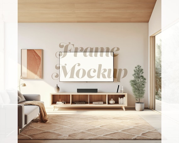 Frame TV Mockup PSD, 16x9 Horizontal Dark Frame TV, Framed Art on Wall, Bright Scandinavian Interior Mockup, Art Display Mockup, Landscape