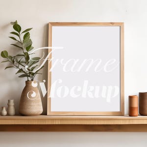 Wooden Frame Mockup, 8x10 Boho Wall Art Poster Frame Mockup, Closeup Frame Mockup, Minimal Greenery Decor, Frame on Shelf, PSD Template