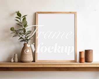 Wooden Frame Mockup, 8x10 Boho Wall Art Poster Frame Mockup, Closeup Frame Mockup, Minimal Greenery Decor, Frame on Shelf, PSD Template