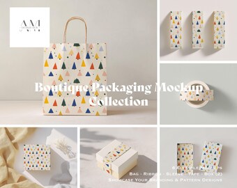 Varumärkesmodellpaket, förpackningsmodell för logotyp och mönsterdesign, papperspåse, ärm, presentask, tejp, bandmodell PSD JPG