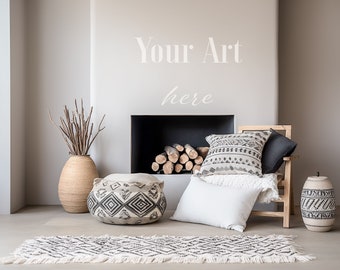 Boho Modern Interior Mockup, Living Room Mockup, Cushions on Chair, White Blank Walls Mock Up, JPG, Background for Product Display