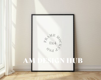 Black Frame Mockup, 3:4 Aspect Ratio Frame, Vertical Frame Lean on White Wall, 12x16 Poster Mockup, Single Frame on Wood Floor, Simple Mock