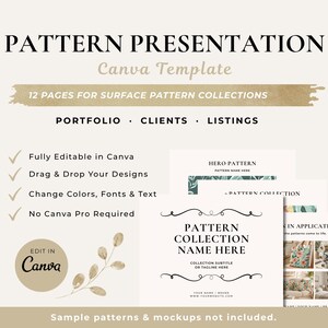 May include: A Canva template for pattern presentation, featuring 12 pages for surface pattern collections. The design includes sections for portfolio, clients, and listings. The template is fully editable, allowing users to drag and drop designs, change colors, fonts, and text. The text "Pattern Presentation" is at the top.