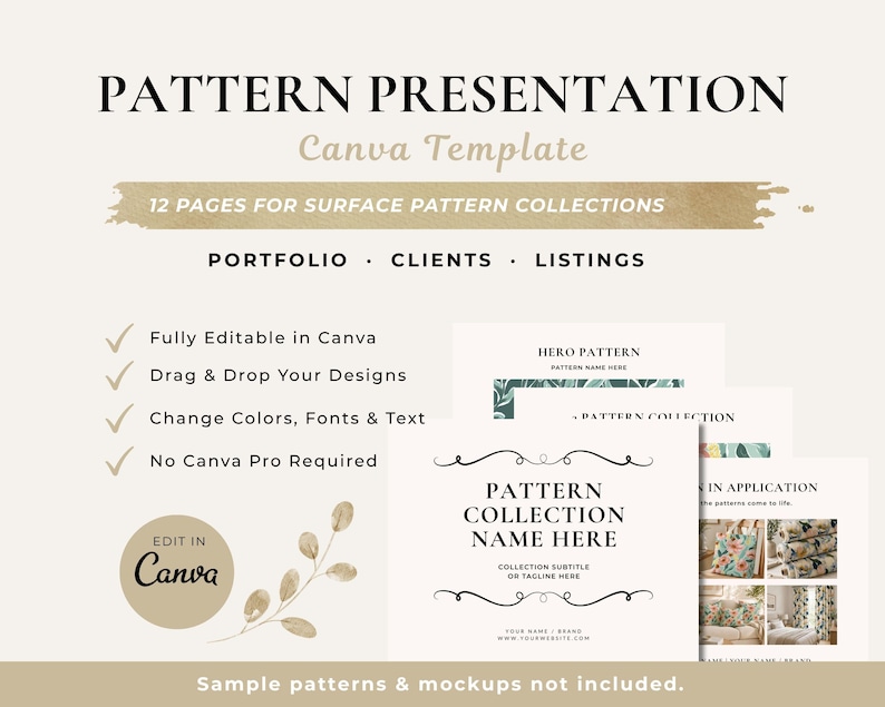 May include: A Canva template for pattern presentation, featuring 12 pages for surface pattern collections. The design includes sections for portfolio, clients, and listings. The template is fully editable, allowing users to drag and drop designs, change colors, fonts, and text. The text "Pattern Presentation" is at the top.