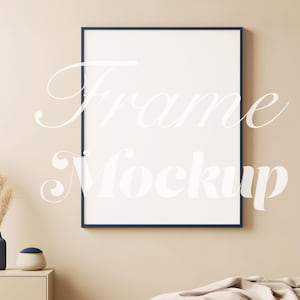 Simple Frame Mockup, Black Frame Mockup, Closeup Abstract Wall Art Poster Frame Mockup, Minimal, Large Thin Frame Beige Wall, Template PSD