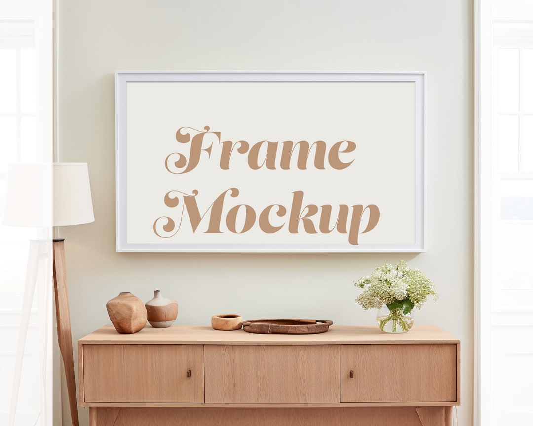 Frame TV Mockup PSD, 16x9 White Frame TV Template, Soft White, Coastal