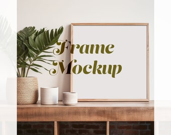 Square Frame Mockup, Art Display in Vintage Wood Frame with Minimal Green Decor