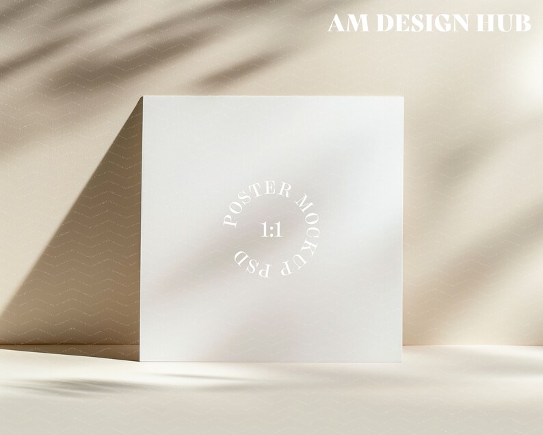 May include: A white poster mockup with a circle that says "Poster Mockup 1:1 PSD" on a light beige background with shadows.