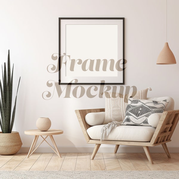 Square Frame Mockup PSD, Black Frame on White Wall, 12x12, 20x20, Frame Mockup for Wall Art, Scandinavian Boho, Living Room, Smart Object