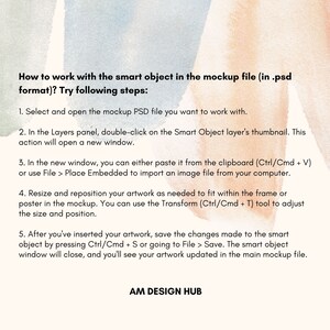 May include: A text-based tutorial on how to work with smart objects in a Photoshop PSD file. The tutorial is written in a white font on a light pink and blue watercolor background. The text includes instructions on how to select, open, double-click, paste, resize, reposition, and save the smart object.