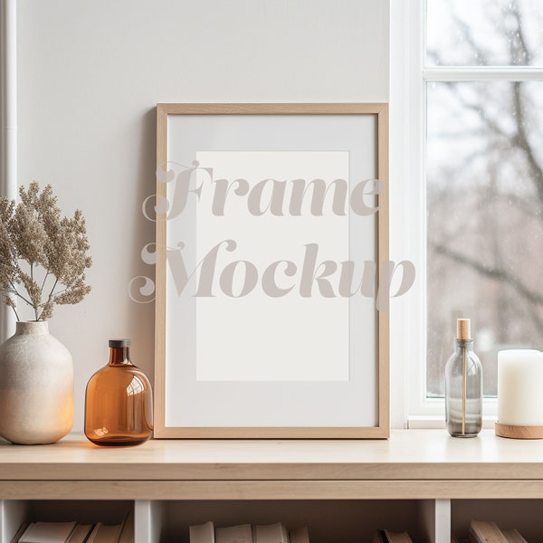 Light Wood Frame Mockup, for 2x3 Ratio Art Print, Vertical Poster Mockup, Scandinavian Interior, Living Room Mockup, Winter Snow, Minimalist