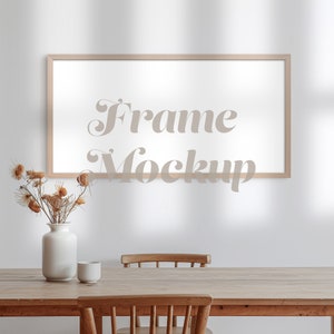 Panoramic 2x1 Ratio Wood Frame Mockup, Modern Minimal Farmhouse, Framed Art on Wall, Farmhouse Dining Room Interior Mockup, Smart Object